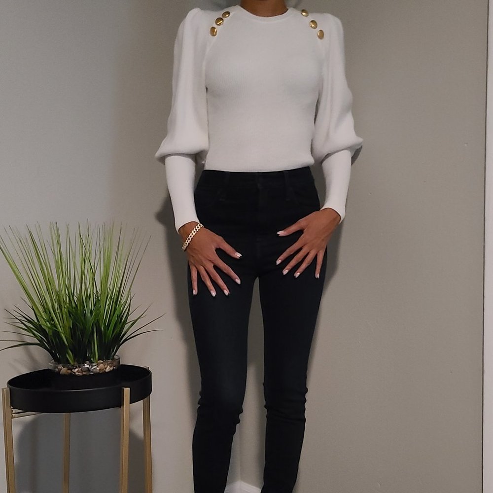 Zara White Knit Sweater with Gold Buttons Small Wool Organic Cotton Viscose